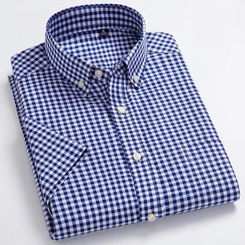 TH - Summer Short Sleeve Cotton Casual Plaid Shirt (Button Down)