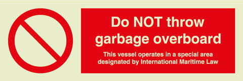 MARINE PROHIBITION SIGN: DO NOT THROW GARBAGE OVERBOARD + SYMBOL - 200mm x 150mm