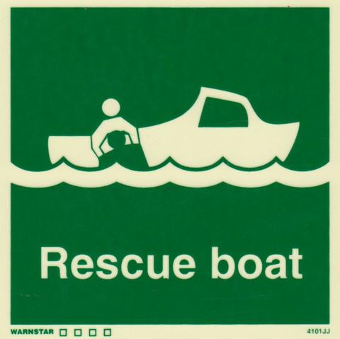Marine Safety Sign, IMO Life Saving App. Symbol: Rescue Boat - With Text