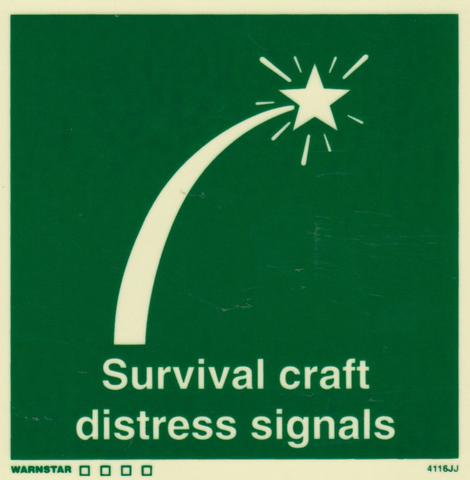 Marine Safety Sign, IMO Life Saving App. Symbol: Survival Craft Distress Signals - With Text