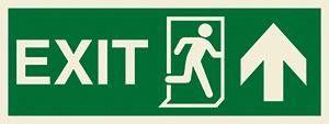 Marine Direction Sign: EXIT + Running man symbol + Arrow up on right