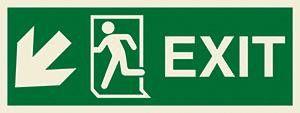 Marine Direction Sign: EXIT + Running man symbol + Arrow diagonally down left