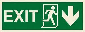 Marine Direction Sign: EXIT + Running man symbol + Arrow down on right